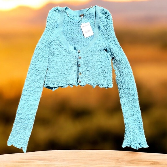 Free People Sky Blue Textured Button Front Cropped Cardigan Sweater XS - Picture 1 of 5